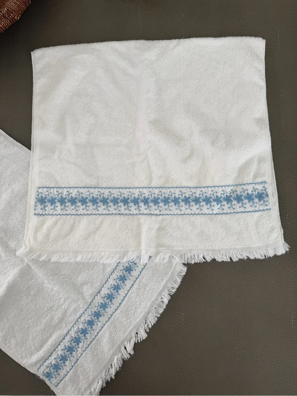 Vintage Wamsutta Heritage White Towel Set with Blue Floral Embroidery